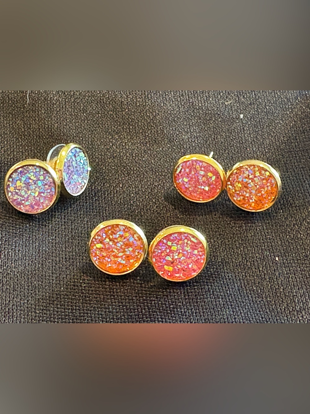 Three pairs of Gold-Trim Druzy Round Stud Earrings - Women Jewelry